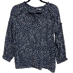 Gap Floral Peasant Blouse Small Navy Blue Boho Tie Neck 3/4 Sleeve Top